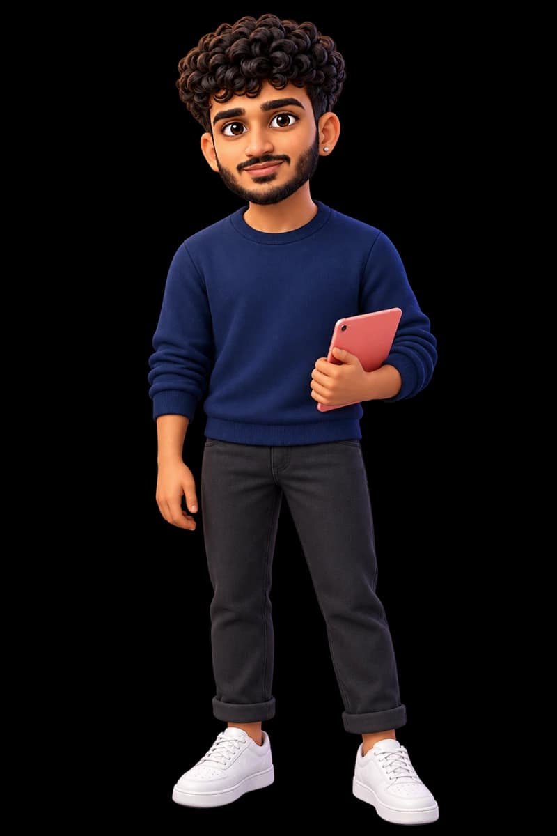 Nishant’s original curly-haired character, small and standing with a tablet in front of blue bars and a chart