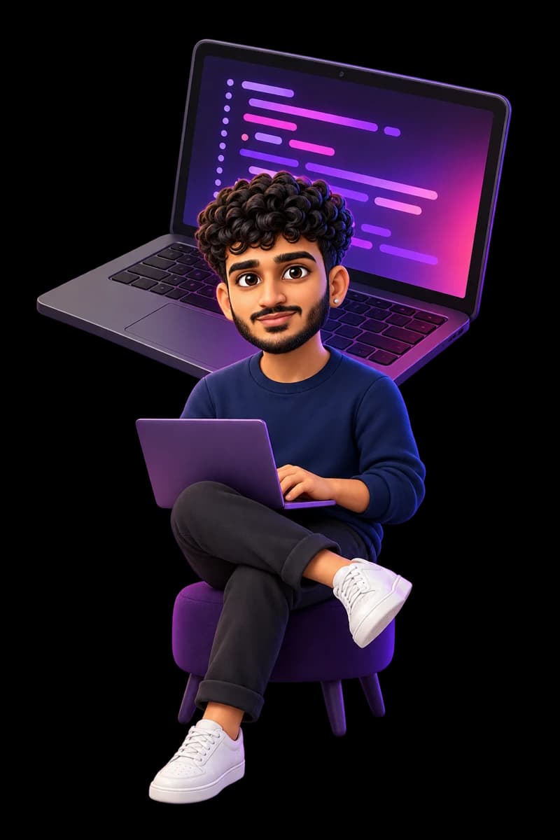 Nishant’s original curly-haired cartoon, seated on a purple stool with a laptop